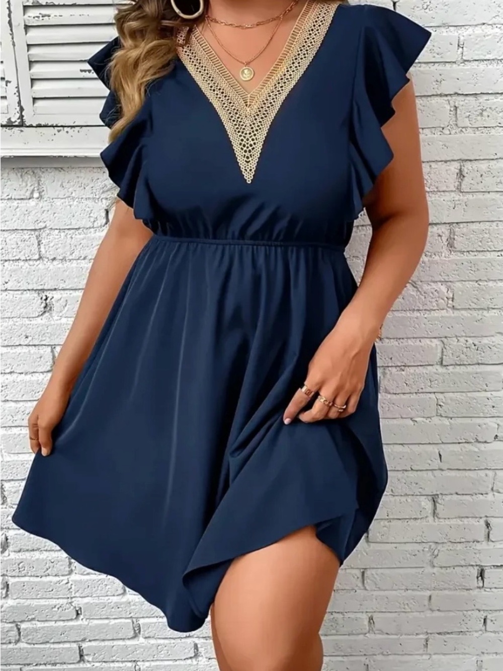 Plus Size Navy V‑Neck Crochet Trim Mini Dress